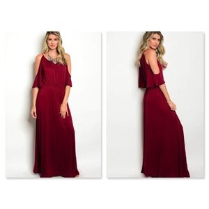 BURGUNDY COLD SHOULDER MAXI DRESS WITH SIDE SLIT